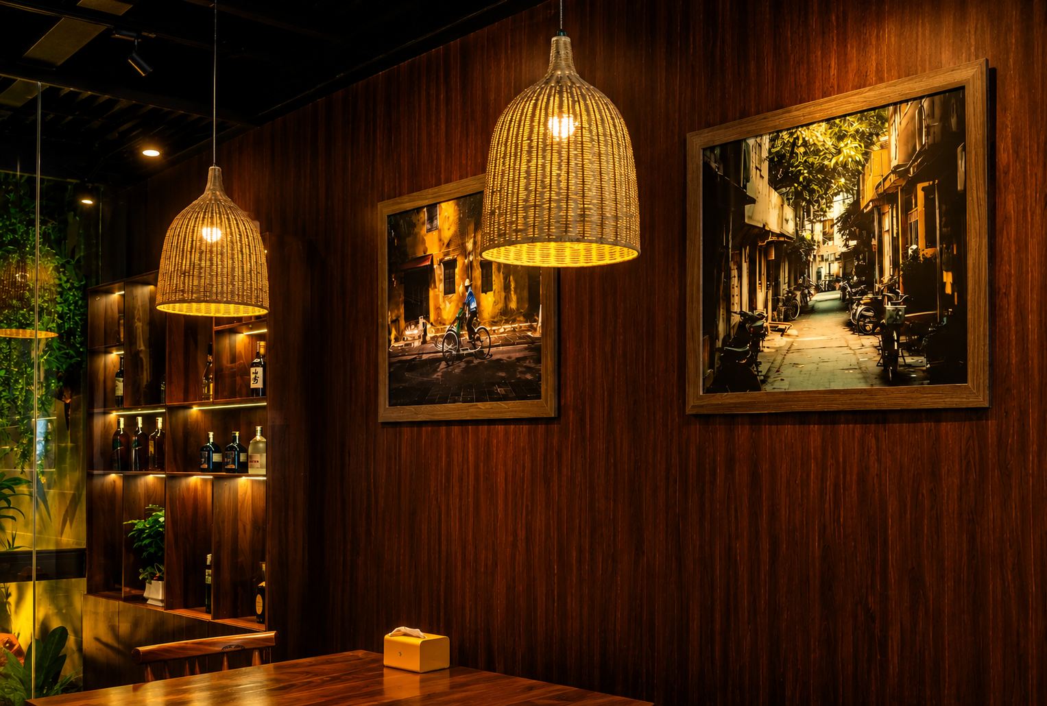 Street photography wall and warm wicker lighting